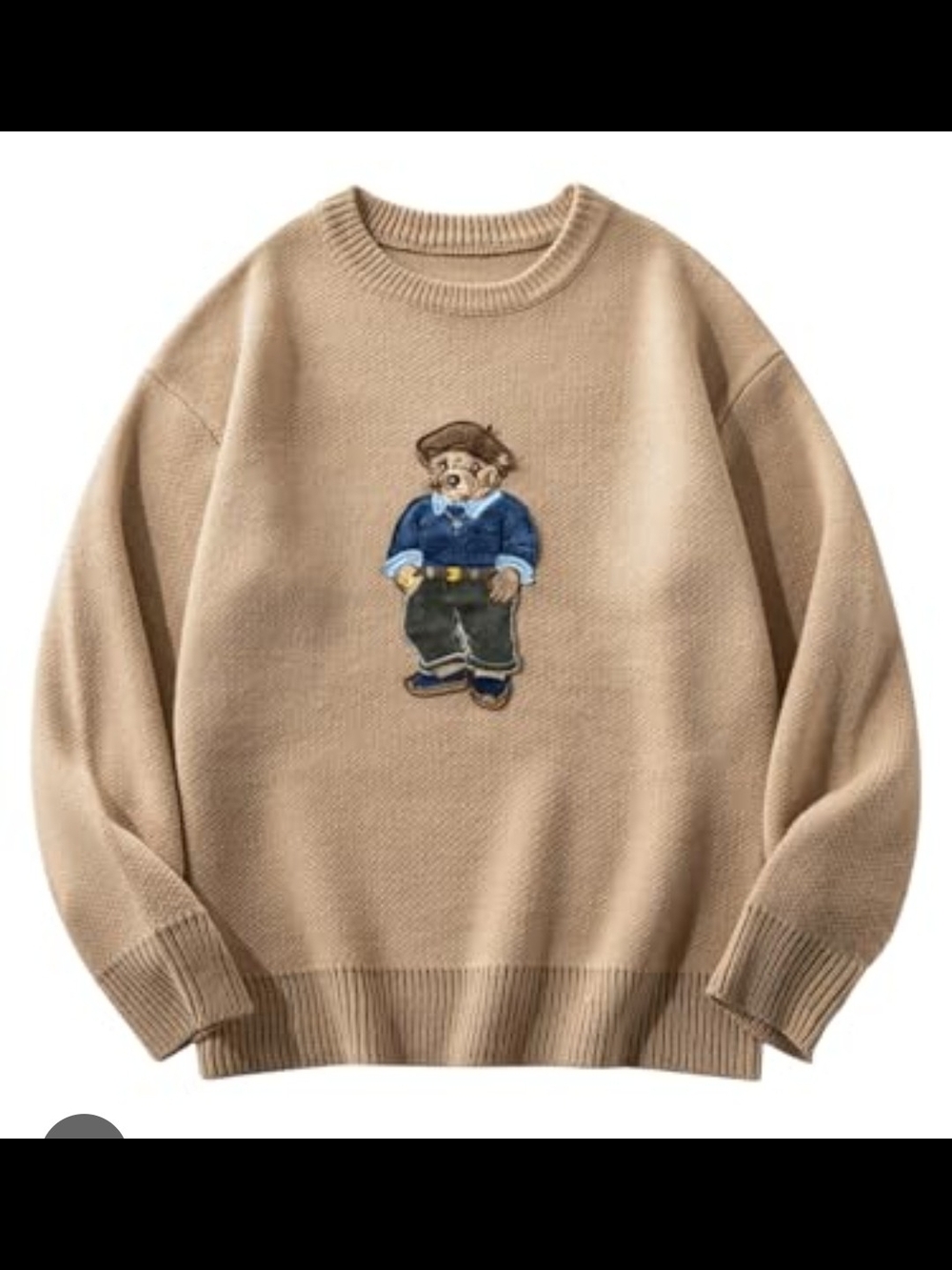 Tan Crewneck Sweater with Embroidered Bear Motif